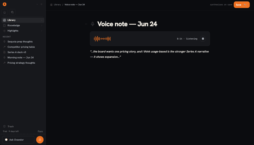 Ovandor recording a voice capture with a live waveform and transcript.