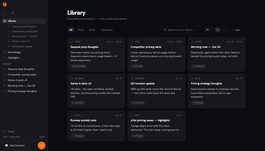 Ovandor Library showing voice notes, text captures, and uploaded documents together.