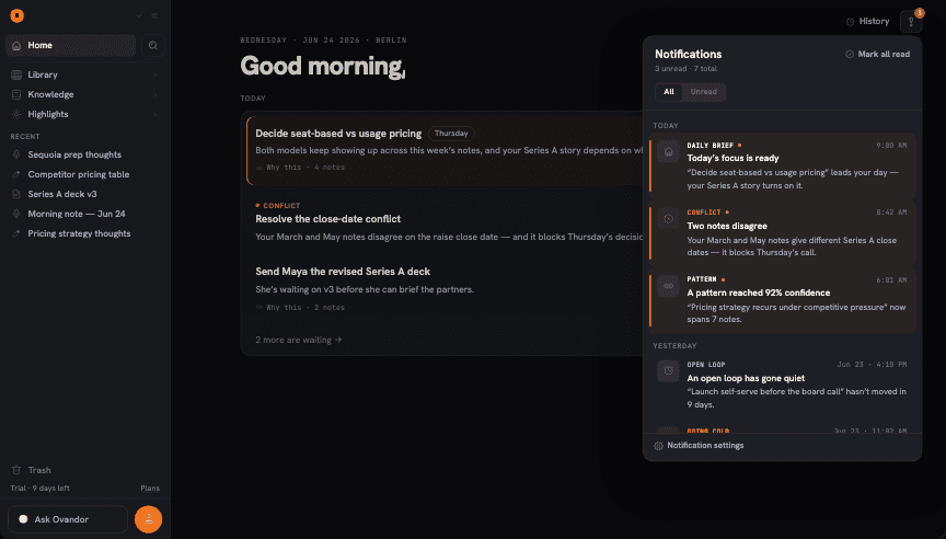 Ovandor notifications showing a daily action, a contradiction, and a surfaced pattern.